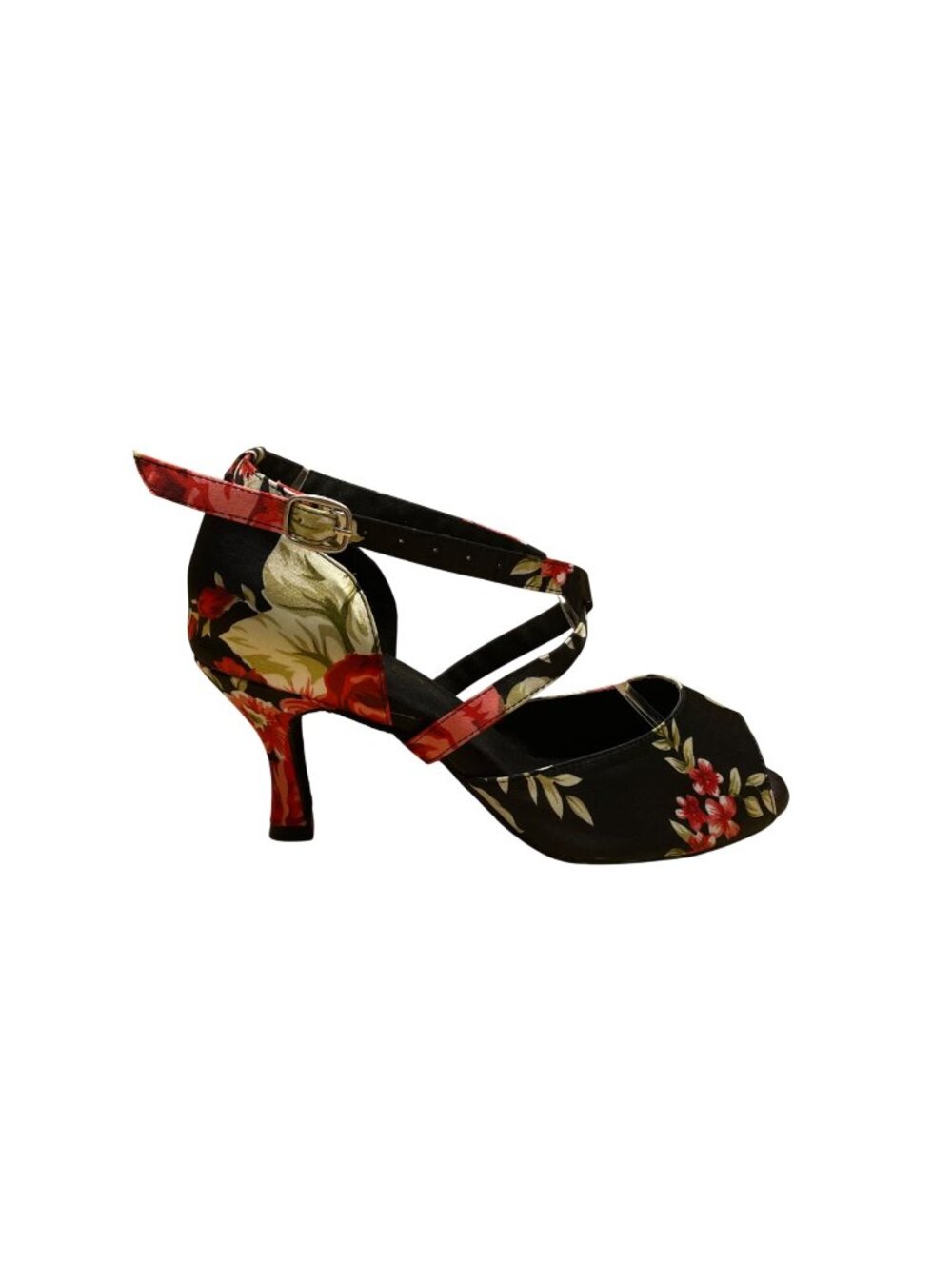 QianYiCowu Women’s Black & Red Floral Satin Peep-Toe Latin Salsa Heels Size 41
